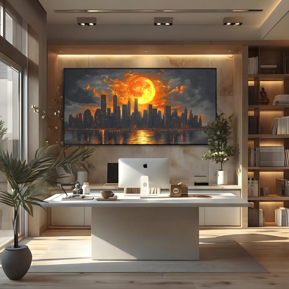 Tablou canvas cu tablou canvas cu apus de soare deasupra metropolei, in rama de aluminiu negru, pe perete intr-un birou